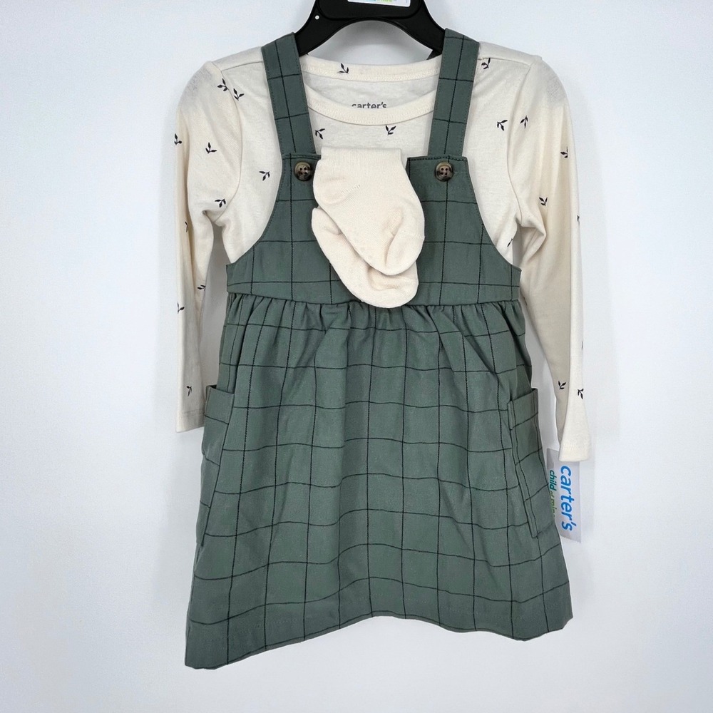Child of Mine Carter's Jumper Set Girls 18M Green Windowpane‎ 3pc Bodysuit Socks